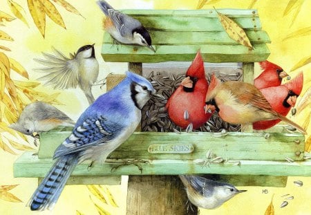 MY SWEET FEATHERED FRIENDS - sweet birds, cardinal, jay, chickadees