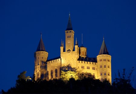 Night Castle - hohenzollern, pretty, nighttime, tower, illumination, beautiful, night, germany, turret, time, illuminate, spire, castle