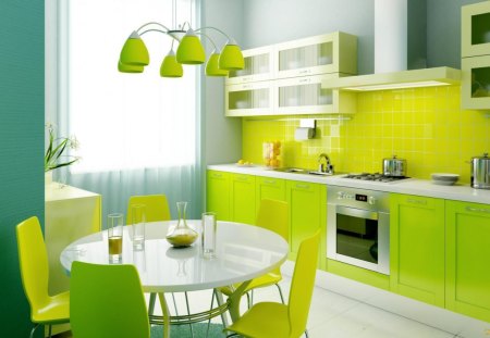 Lemon lime - style, kitchen, light, wallpaper, vase, window, interior, green, table, lamp, flowers