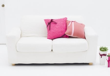 Simply PINK - pillows, room, pink, interior, flowers, style, white, design, ribbon, plants, apartment