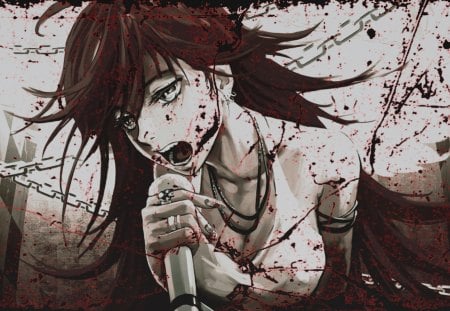 anime - chains, girl, mic, singing, anime