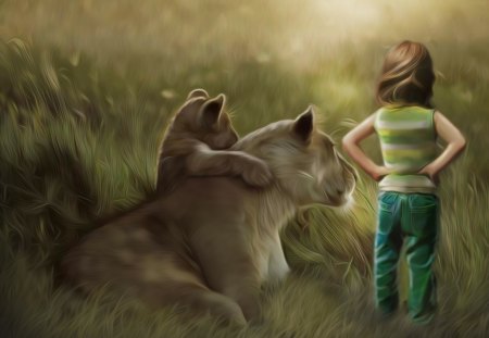 Friends - girl, friends, lion, art