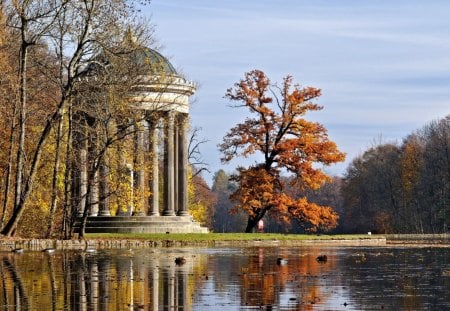 Lake in Park with Gazebo - autumn, trees, leaves, colors, pond