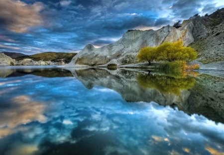 Lovely reflections - lakeshore, nice, sky, trees, riverbank, mirrored, rocks, amazing, reflection, river, clouds, lake, mountain, summer, shore, lovely, nature, blue, beautiful, waters