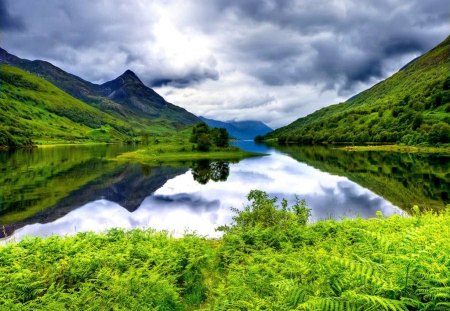 Summer mountain and river - pretty, calm, grass, reflection, crystal, mountain, calmness, shore, riverbank, view, nice, cloudy, sky, clouds, greenery, beautiful, mirrored, lovely, slopes, river, nature, green, clear