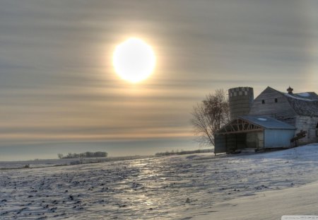 an old barn under a winter sun - silo, haze, winter, barn, sun