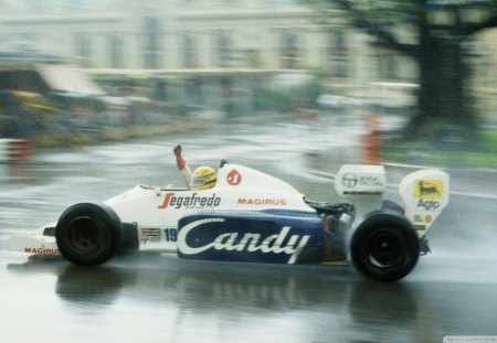 grand prix racing in a rainy city street - city, car, racing, rain