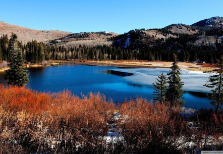 crisp winter day on the lake - ice, lake, forest, hills