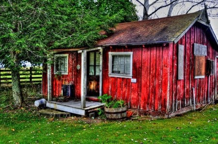 little red house in the country hdr - hose, fence, red, tree, hdr, country