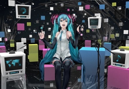 Hatsune Miku - hatsune miku, tv, microphone, vocaloid