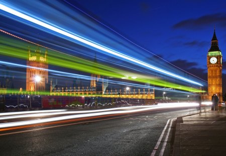 Big Ben at Night - roads, big ben, evening, london, night, buildings, nature, lights, sky