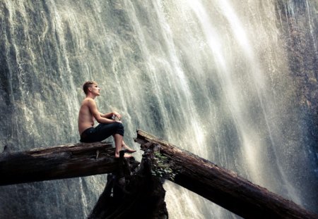 Waterfalls - nature, tree, waterfall, guy