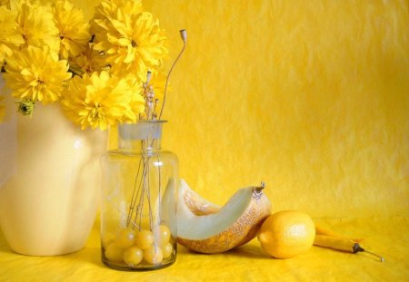 GOLDEN SUMMER - citrus, gooseberries, still life, melon, fruit, yellow, seasons, flowers, bottles, lemons