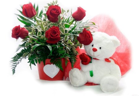 TEDDY PREZZIE - roses, toys, red roses, love, still life, affection, birthday, red, valentine, teddy bears