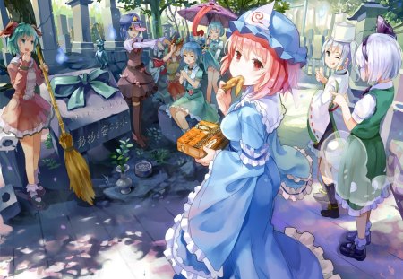 A small meeting - girls, youkai, tatara kogasa, futatsuiwa mamizou, konpaku youmu, white hair, mononobe no futo, broom, umbrella, ribbon, ghost, miyako yoshika, panties, kasodani kyoko, touhou, seiga kaku, graveyard, zun, mystia lorelei, sparrow, saigyouji yuyuko