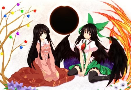 Houraisan Kaguya & Reiuji Utsuho - pretty, okuu, raven, reiuji utsuho, flowers, touhou, fire, ribbon, zun, princess, sun, game, skirt, houraisan kaguya, cape, girls, third eye, eclipse, wings, black hair, yatagarasu