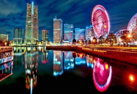 fun-night-lights - skyscrapers, architecture, lakes, cities