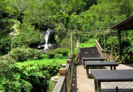 Waterfalls coffee shop - wood, tables  and chairs, trail, forest, waterfalls, coffee shop