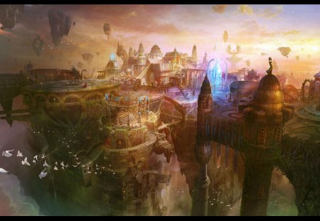 beautiful fantasy art - beauty, nature, art, abstract, city, colorful, fantasy, birds