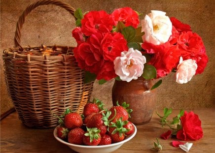 Floral arrangement - roses, basket, strawberry, rose, flower