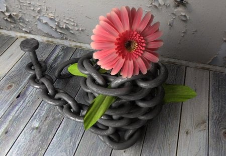 Flower with chain - chain, cute, floor, flower, art