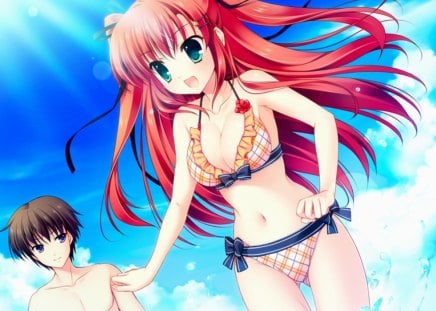 Honoka Takasaki - anime, anime girl, summer, beach, sea, yuyukana, sun, honoka takasaki, sky