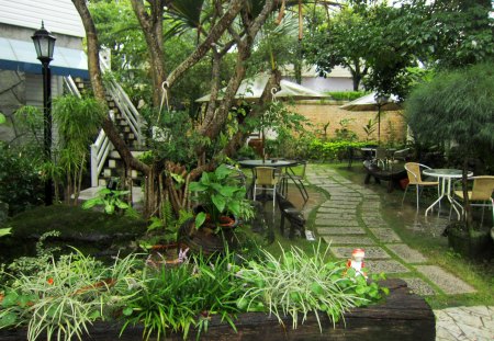 Garden of hot spring villa - hot spring, villa, raining day, garden