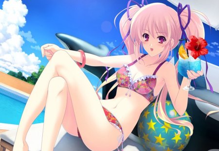 Hoshikawa Miki - sitting, beach, female, hot, swimsuit, hoshkawa miki, anime girl, cool, umbrella, cute, sexy, drink, pink hair, summer, twin tails, blush, sweet, pool, flower