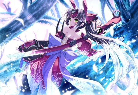 Tamaru Makoto - female, hot, thighhighs, anime girl, armor, tattoo, cherry blossom, cool, tamaru makoto, sword, sexy, night, elbow gloves, bright, bow, forest, big sword, pony tails, smile, japanese clothes, tress