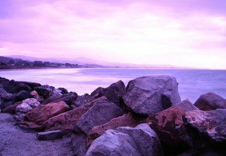 half moon bay in cali in purple - bech, clouds, purple, stones, bay