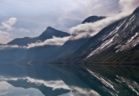 northern serenity in norway - mountains, reflection, fjord, clouds