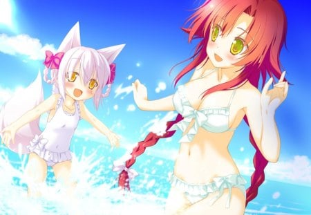 Haku splashing Kana Minami - sky, beach, water, anime, cute