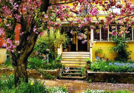 Lovely place to live - calm, blossoms, summer, cabin, grass, spring, pink, home, flowers, countryside, fresh, nice, place, cottage, house, beautiful, sweet home, live, lovely, blooming, tree, village, stairs, nature, green, country, peaceful