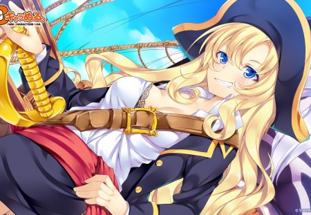 Pirate girl - sky, hat, anime, long hair, sword, pirate, cute