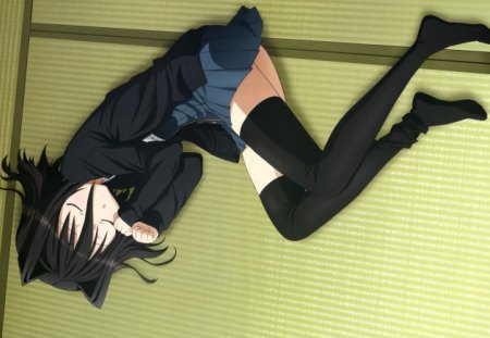 Sleeping - school uniform, anime, lying down, cute, thigh highs, floor