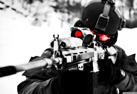 Sniper - black, scope, sniper, white, winter, red, military, army