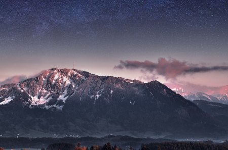 the milky way over bavarian mountains - clouds, forest, mountains, stars