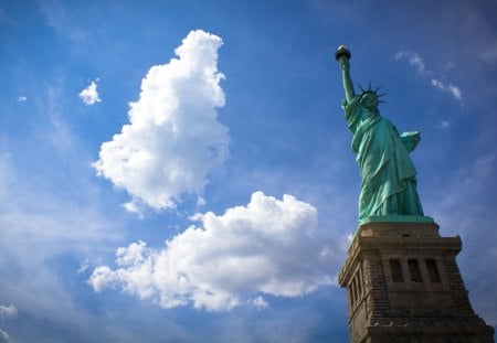 lady liberty - clouds, lady, statue, moniment