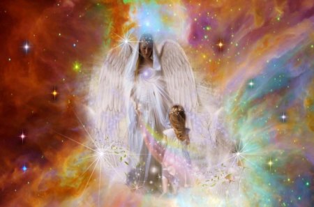 HER GUARDIAN ANGEL - woman, gorgeous, stars, angel, beautiful, child, fantasy