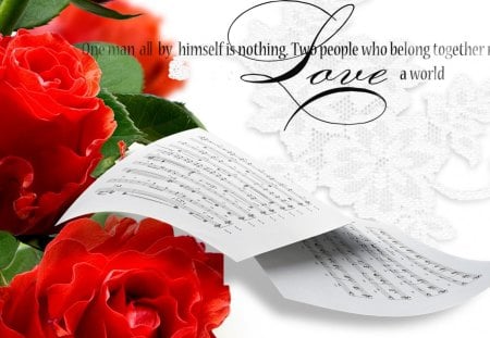 Music of Love - romantic, sheet music, red roses, lace, beautiful abstract, fleurs, love, poetry, flowers, music, dramatic, notes