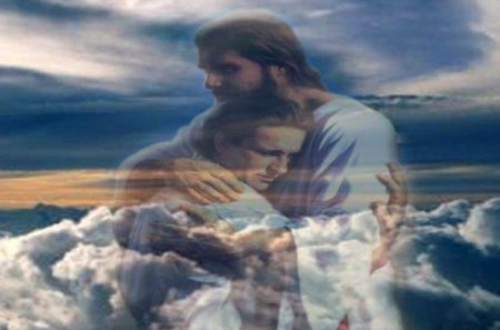 heavenly embrace - jesus, girl, clouds, light