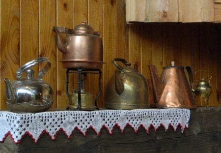 BRIGHT COPPER KETTLES - brass, utensils, photography, copper, antiques, wood, linen, kitchens, vintage, homes, ornaments, artefacts