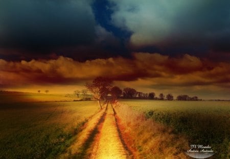 stormy clouds in country - path, clouds, light, grass