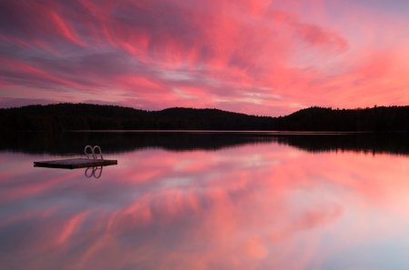 glorious calm lake - lake, ramp, clouds, sunset, shore