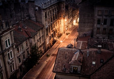 strossmayer street in  rijeka croatia at night - city, street, lights, roofs