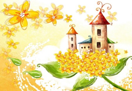 Castle - drawing, yellow, castle, flower