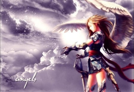 Angel Sword - sky, sexy, hot, armor gloves, female, long hair, wings, anime girl, closed eyes, armor, heaven, angel sword, cool, cloud, blonde hair, sword