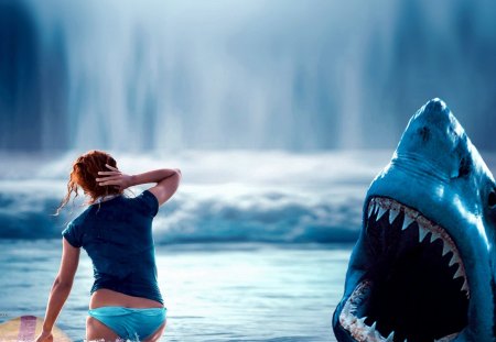 SHARK ATTACK - female, girl, sea, ocean, surffing, surf, shark, sexy, surfer, dalissa