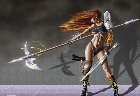 Warrior Woman - female, warrior, boots, knives, girl, sword, weapons, long hair, armour, red hair, fantasy, spear