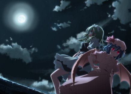 Sakuya and Remilia - hat, moon, anime, dress, night, maid, white hair, red eyes, girls, short hair, izayoi sakuya, blue hair, remilia scarlet, blue eyes